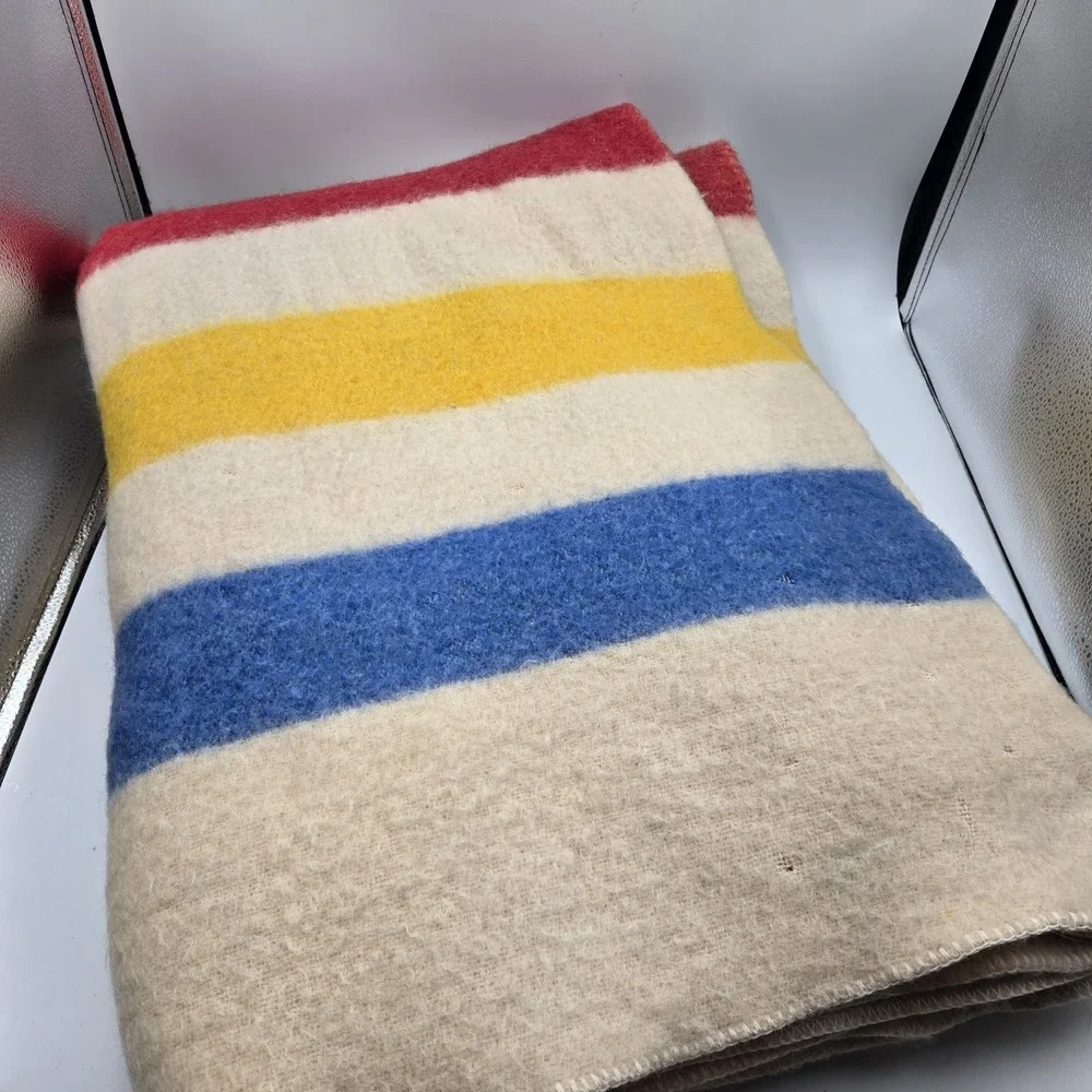 Vintage Hudson's Bay Style Wool Blanket Multicolor stripe Twin 64x91 Cambin Camp